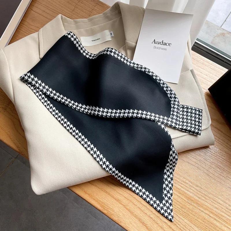 Luxury Houndstooth Print Silk Scarfs Women Bag Ribbons Foulard Office Skinny Neckerchief Neck Hands Ties Satin Female Hairband