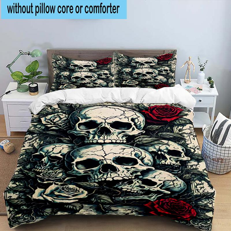 Skulls And Roses Artwork 3pcs Bedding,Including 1pc Duvet Cover And 2pcs Pillowcases Perfect for Christmas,Ideal for Bedroom, Dormitory