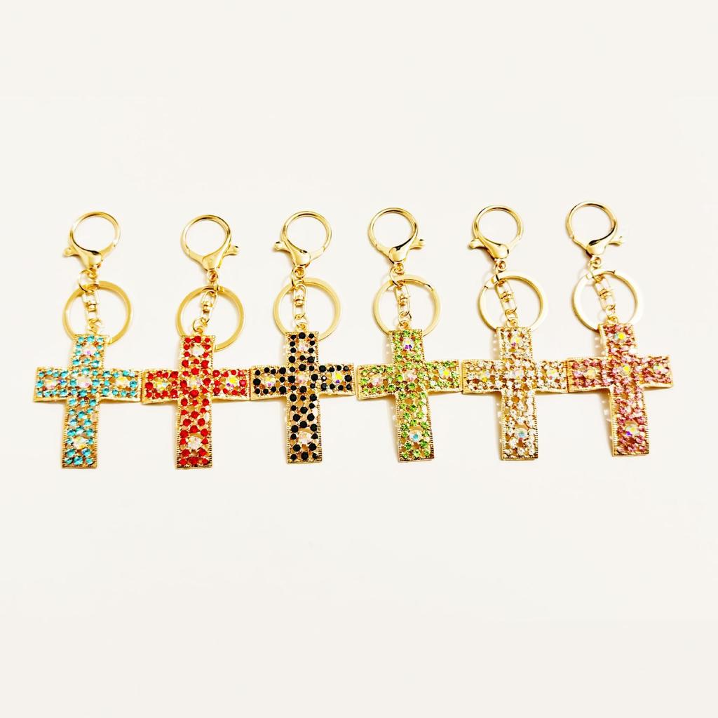 Rhinestone Cross Charm Keychain & Pendant - Vintage Style