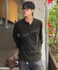 MAISON MINED Script Type Henley Neck Long Sleeve Black