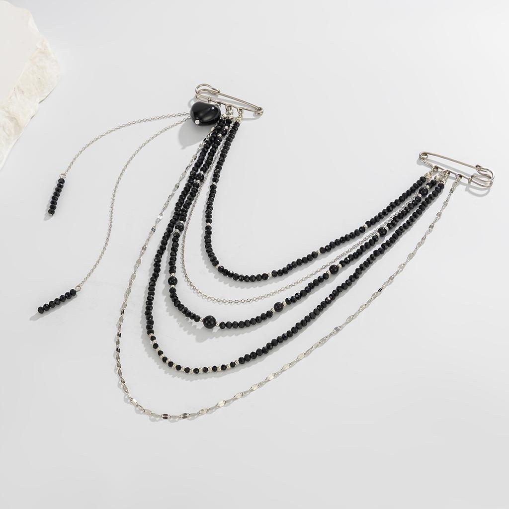 Punk Hip-hop Black Long Crystal Chain Tassel Pendant Brooch Multi-layer Creative Gravel Weaving Girl Fashion Set Jewelry