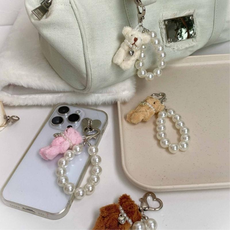Modern Plush Bear Phone Charm Keychain with Imitation Pearls Bag Pendant Keyring Comfortable to Carry for Daily Use