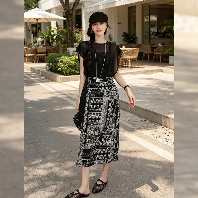 Bailuyu 2026 Summer French Style Faux Two-Piece Tie-Waist Slit Slimming Dress S чёрный