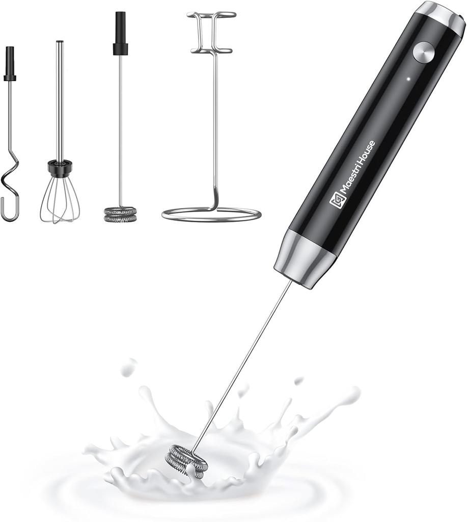 Maestri House Rechargeable Milk Frother, Electric Milk Frother, Waterproof, Powerful, One-Button, Japanese Instruction Manual (Black)