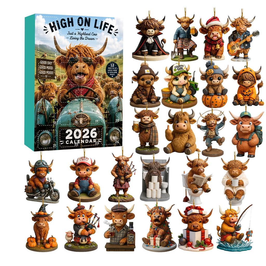 2026 New Highland Cow Figures Advent Calendar , 24PCS Decorative Hanging Ornament Countdown Calendar Christmas Gift Supplies