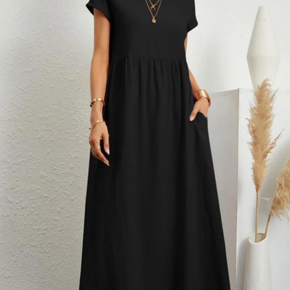Women Elegant Solid Maxi Dress Summer Short Sleeve O Neck Vintage Harajuku Cotton Linen Loose Sundress Y2K Pockets Long Dress