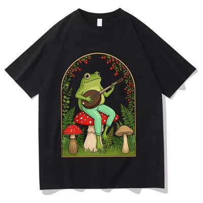 Lustiger Frosch auf Pilz T-Shirt Banjo spielendes Tier Grafik-T-Shirt Retro Ästhetik Harajuku Streetwear Oberteil Lässig Unisex Sommer-T-Shirt