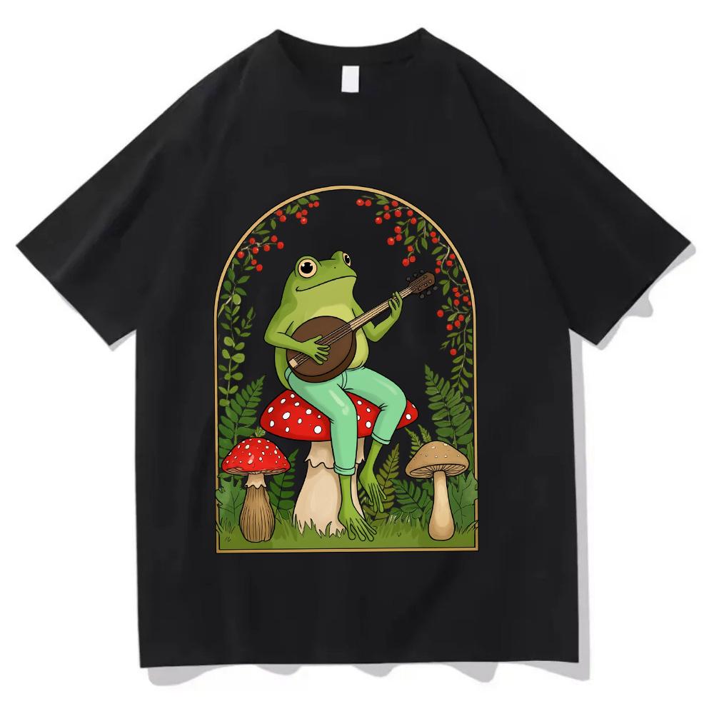 

Funny Frog On Mushroom T Shirt Banjo Playing Animal Graphic Tee Retro Aesthetic Harajuku Streetwear Top Casual Unisex Summer Tee 4XL