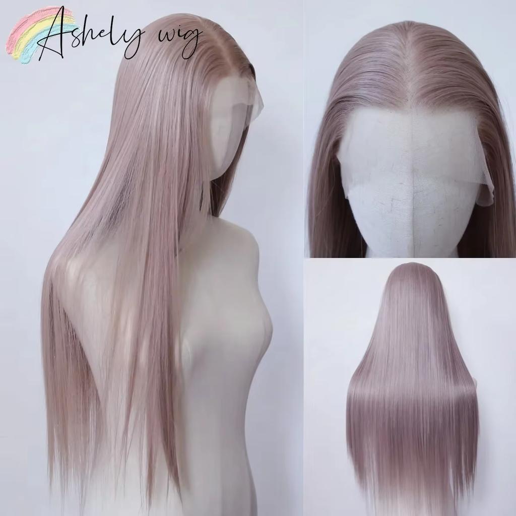 13*4 Grau Rosa Synthetische Spitze Front Perücken Graublau Rosa Rose Lange Gerade Spitze Front Perücke für Frauen Vorzupft Natürlicher Haaransatz