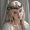 Moon Flower Elven Crown Green Gemstone Branch Leaf Headpiece Bridal Forehead Chain Wedding