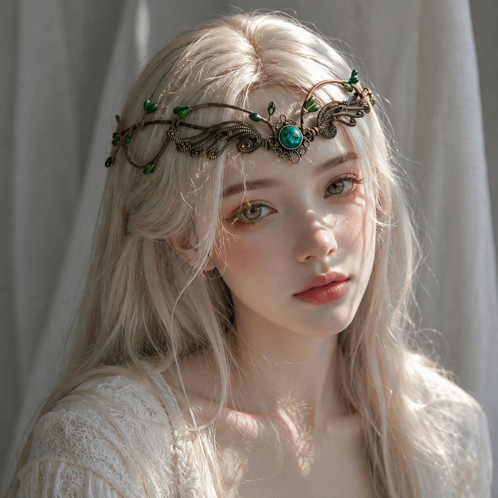 Moon Flower Elven Crown Green Gemstone Branch Leaf Headpiece Bridal Forehead Chain Wedding