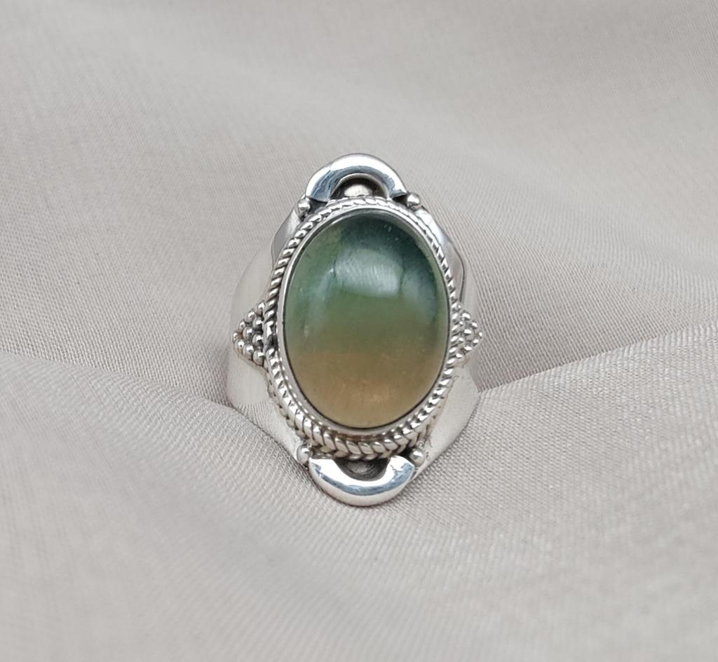 Fluorite Sterling Silver Ring: Green-Gold Crystal, Boho Healing Jewelry