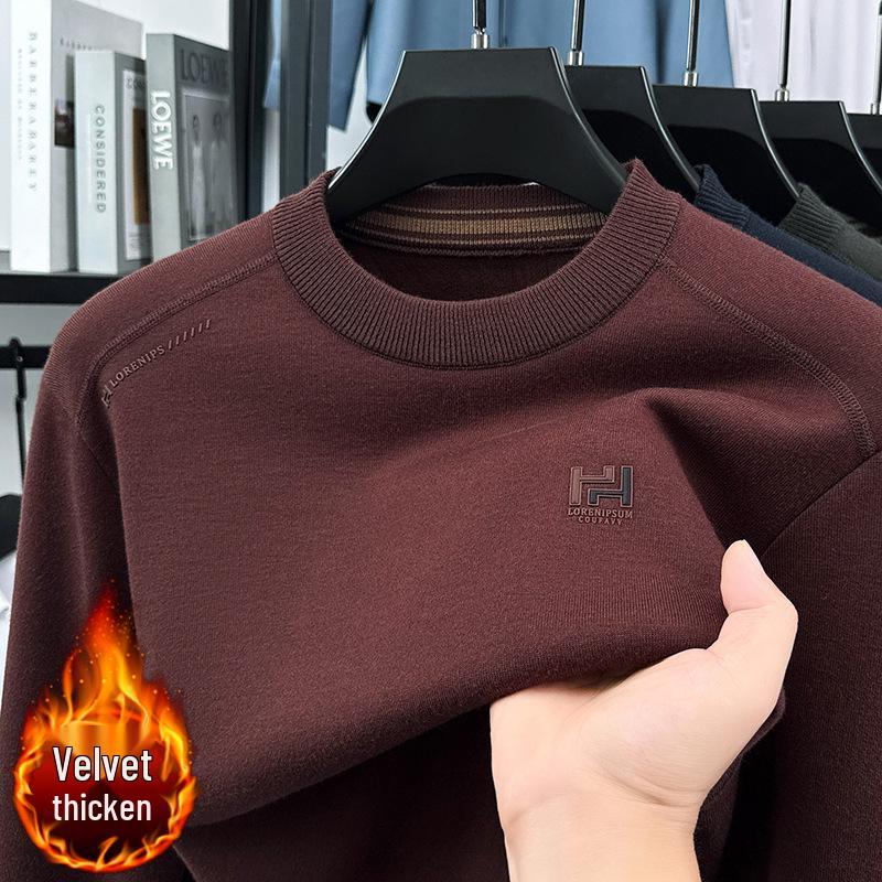 Men's 2025 Pullover Hoodie: Thickened Velvet, Solid Color, Round Neck Knitwear for Middle-Aged and Elderly Men