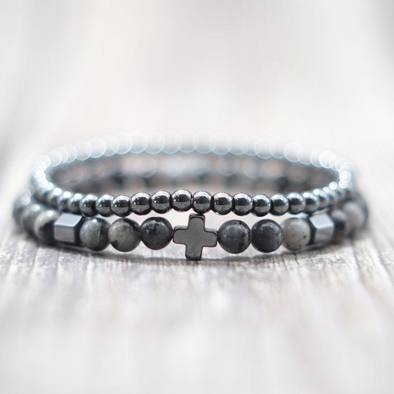 2pcs Men Bracelet Set Hematite Cross Braslet For Hombre Natural Lava Tiger Eyes Stone Braclet Homme Beaded Brazalete Pulseira