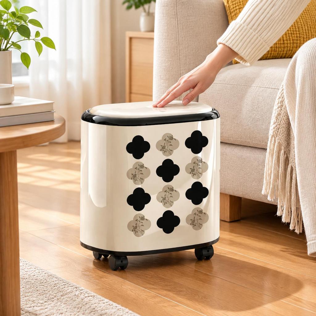 Wheeled Trash Bin with Floral Pattern Lidded Compact Rolling Waste Portable Can