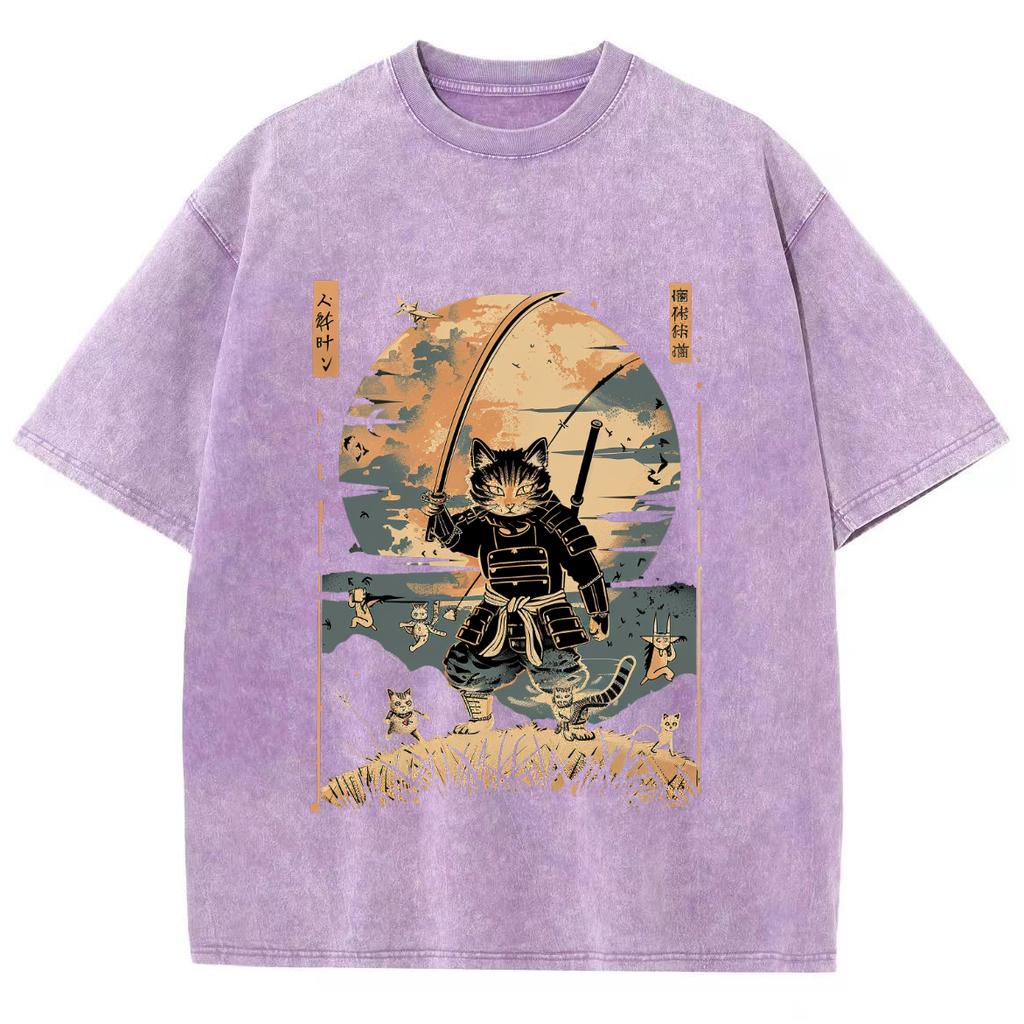 Japanese Cartoon Cat Samurai Print T-Shirt Unisex Retro Oversized Loose Short Sleeves Comfortable Cool Fashion Tee