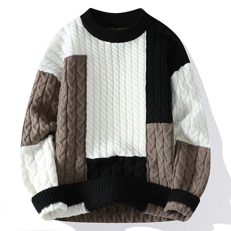 Men s Trendy Color Block Thick Knit Long Sleeve Pullover Sweater XL чёрный