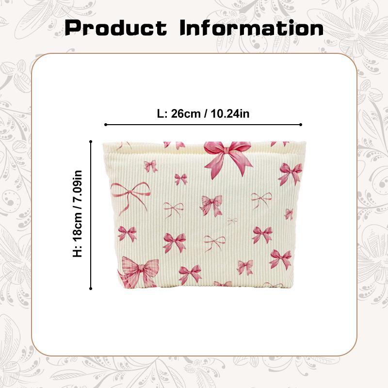 1pc Large Capacity Corduroy Cosmetic Bag Women Toiletries Organizer Bow Printed Zipper Makeup Bag Clutch Travel Cosmetic Storage