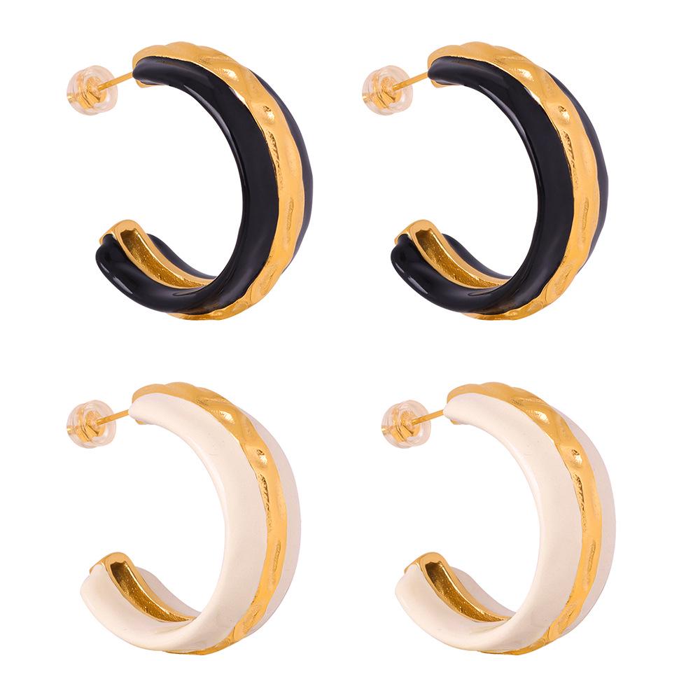 Hong Kong Style Hammered Titanium Steel Gold-Plated C-Shaped Earrings with Drip Glaze Design