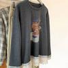Cartoon Teddy Bear Brushed Lace Long Sleeve T-Shirt - Autumn Winter Slim Fit