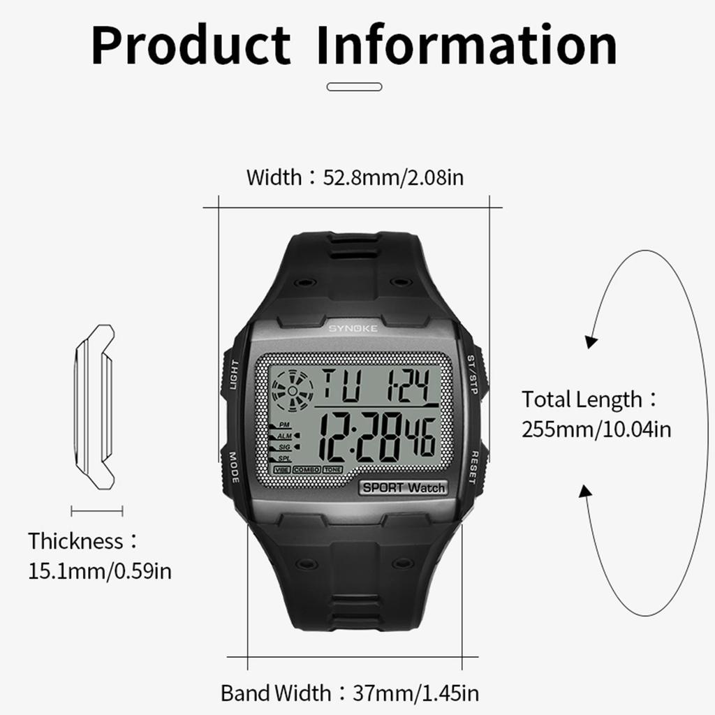 Men's Big Square Dial Digital Sport Watch Multifunction with Alarm Chronograph Week Resistant Repeater