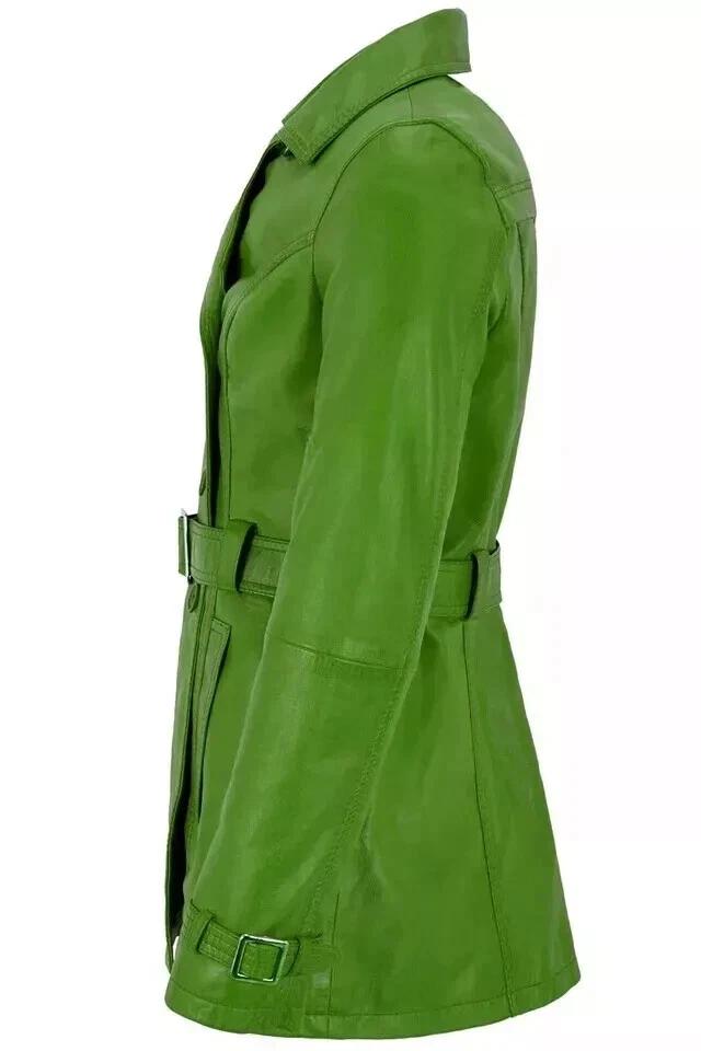 Lambskin Genuine Leather Casual Soft Fit Women Trench Coat Stylish Green Handmade