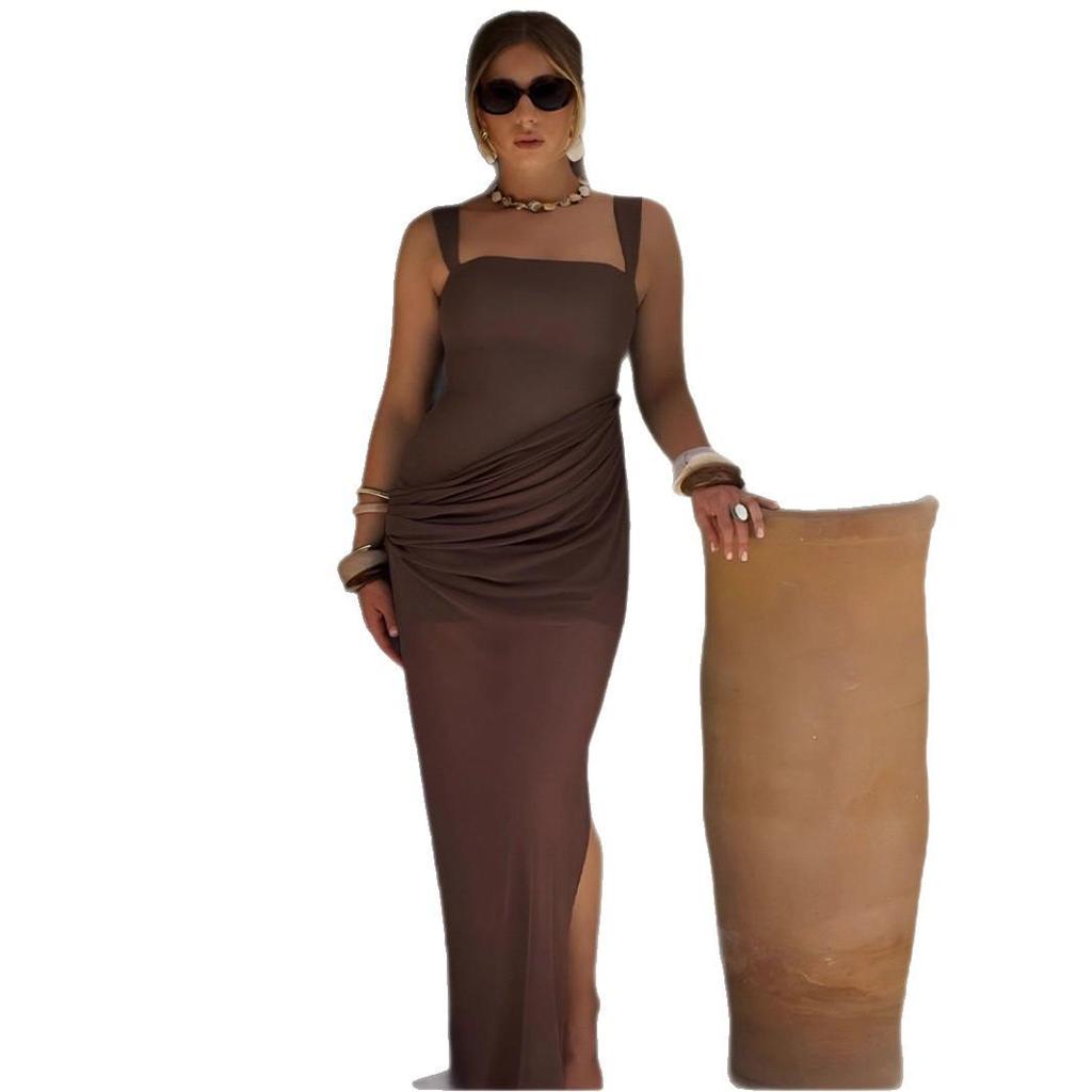 2025 Women's Backless Slim-Fit Dress: European & American Style, Spaghetti Strap, Sexy Shirring Patchwork