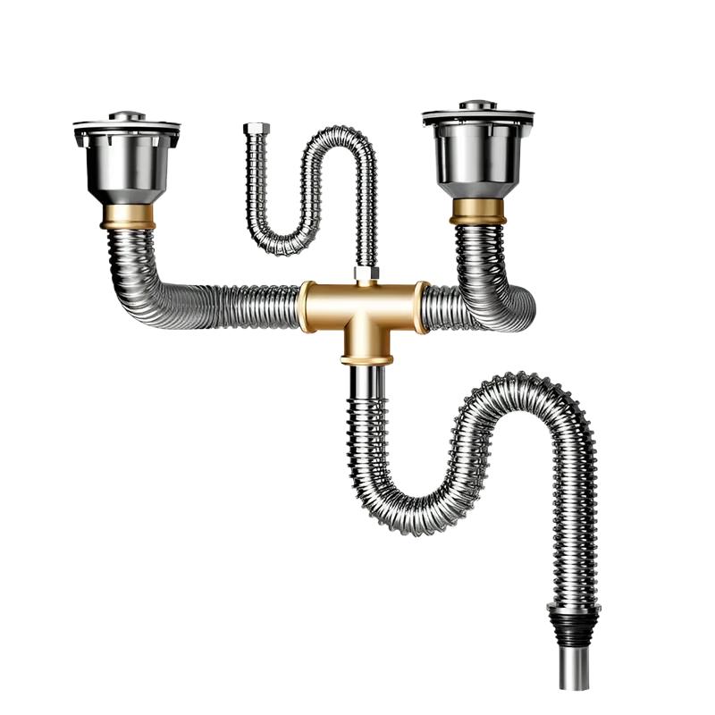 Комплект сливных труб и сифонов для кухонной двойной раковины De er Kitchen Thickened Stainless Steel, 20-Year Warranty