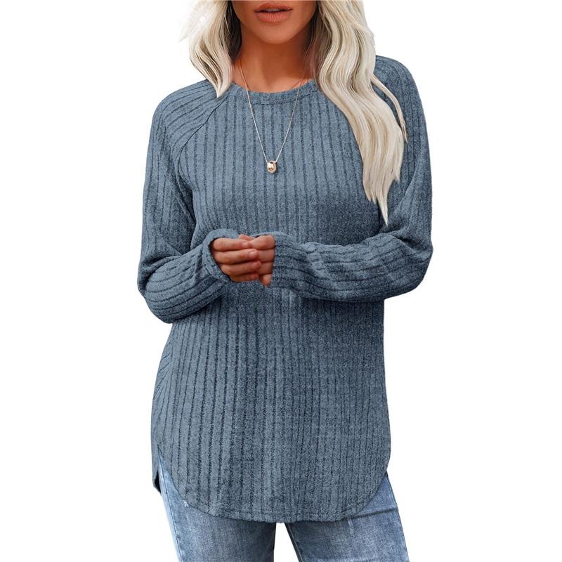 Autumn Women's Loose Fit Round Neck High Low Hem Long Sleeve Sweater Stylish Casual Top For Women Fashionable Fall Apparel