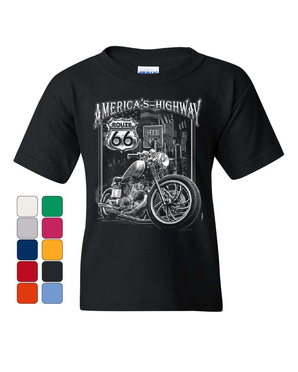 America s Highway Youth kids boys T-Shirt Route 66 MC Motorcycle Chopper Bobber Kids Tee 110