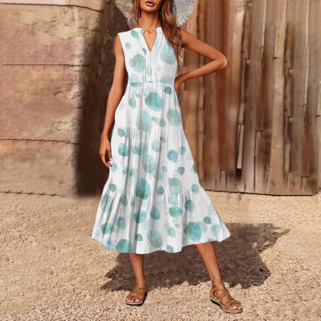 Women's Casual And Fashionable V-neck Sleeveless Printing Mid Length Dress