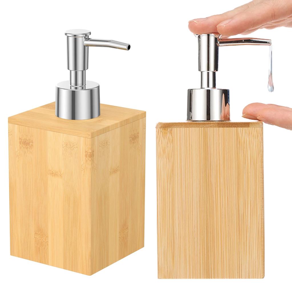 2Pcs Bamboo Soap Dispenser Refillable Pump Bottles Lotion Shampoo Liquid Hand Sanitizer Dispenser for Bathroom Kitchen