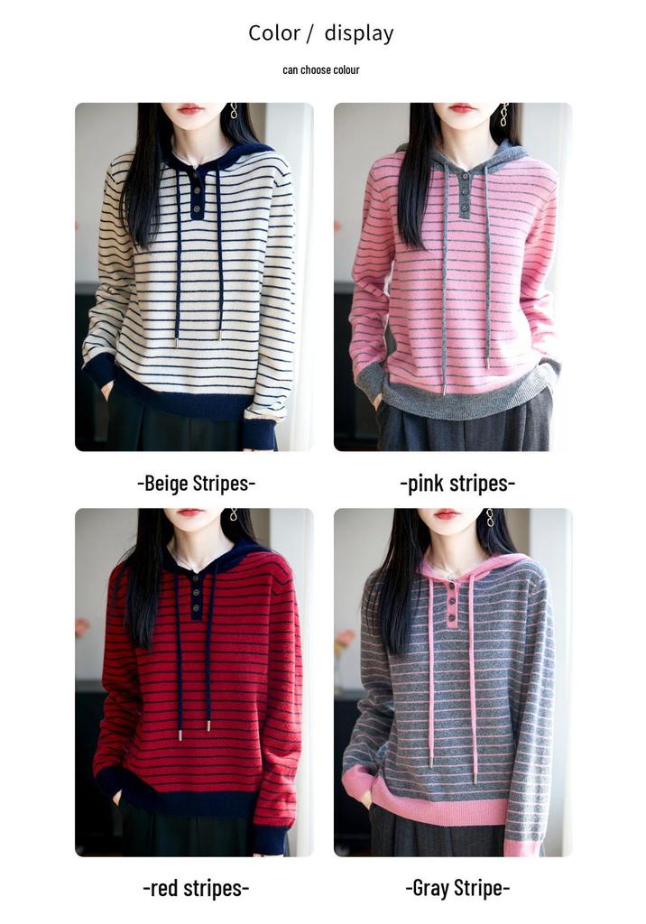 Women's Casual Wool Striped Hoodie - Three-Button, Color-Block, Loose Fit for Spring/Autumn