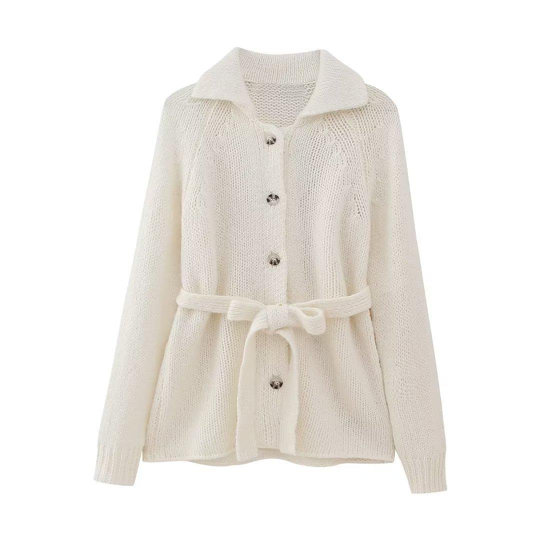 

Женский кардиган с завязками на талии в европейско-американском стиле 2023 года, вязаный свитер с лацканами Large