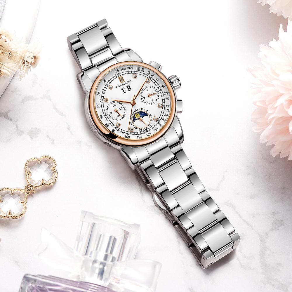 Forsining Fashion Ladies Stainless Steel Case Moon Phase Mechanical Watch Women's Multifunctional Diamond Dial Automatic Clock