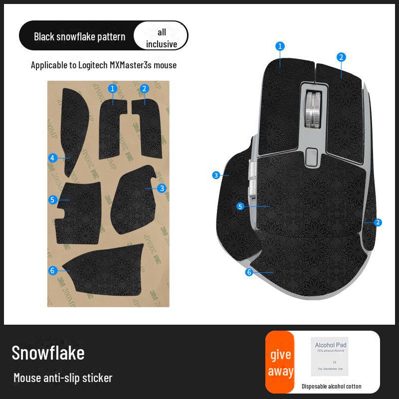 

Набор наклеек для мыши Logitech MX Master 3S с противоскользящим покрытием и впитыванием пота snowflake pattern, all inclusive чёрный
