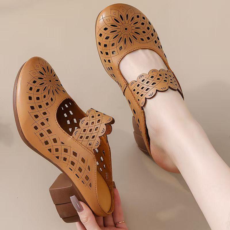 Women's Summer New Leather Hollow Out Block Heel Sandals Soft Sole Non Slip Baotou Outdoor Half Slippers High Heel Sandals