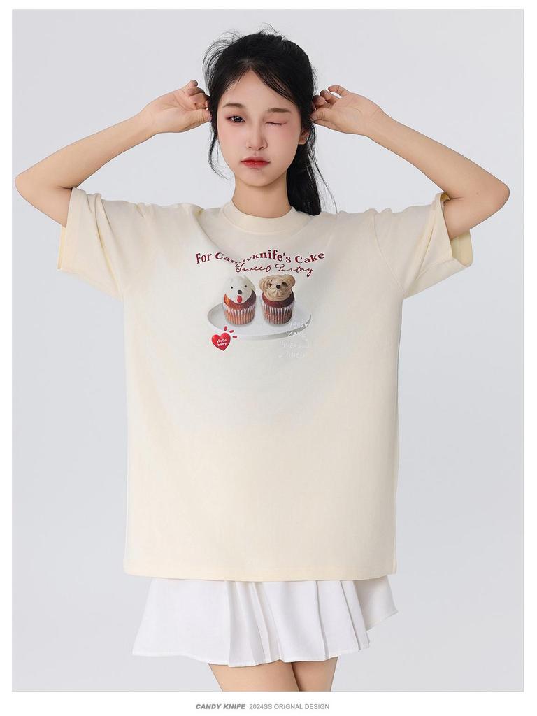 Korean Style Summer Cake Print Girlish Creamy Short Sleeve T-Shirt - Loose Round Neck Couple Outfit
