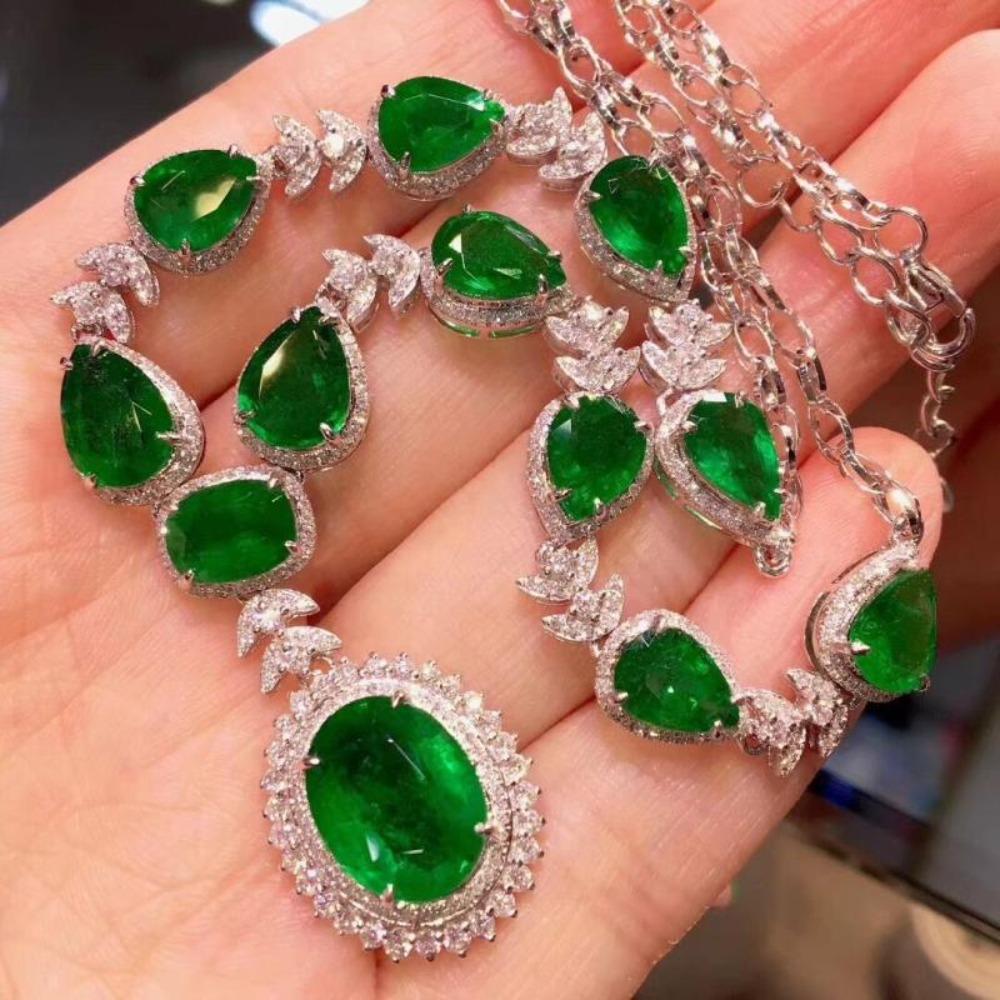 Imitation Natural Emerald Necklace Platinum Plated Diamond Jewelry Gift for Women
