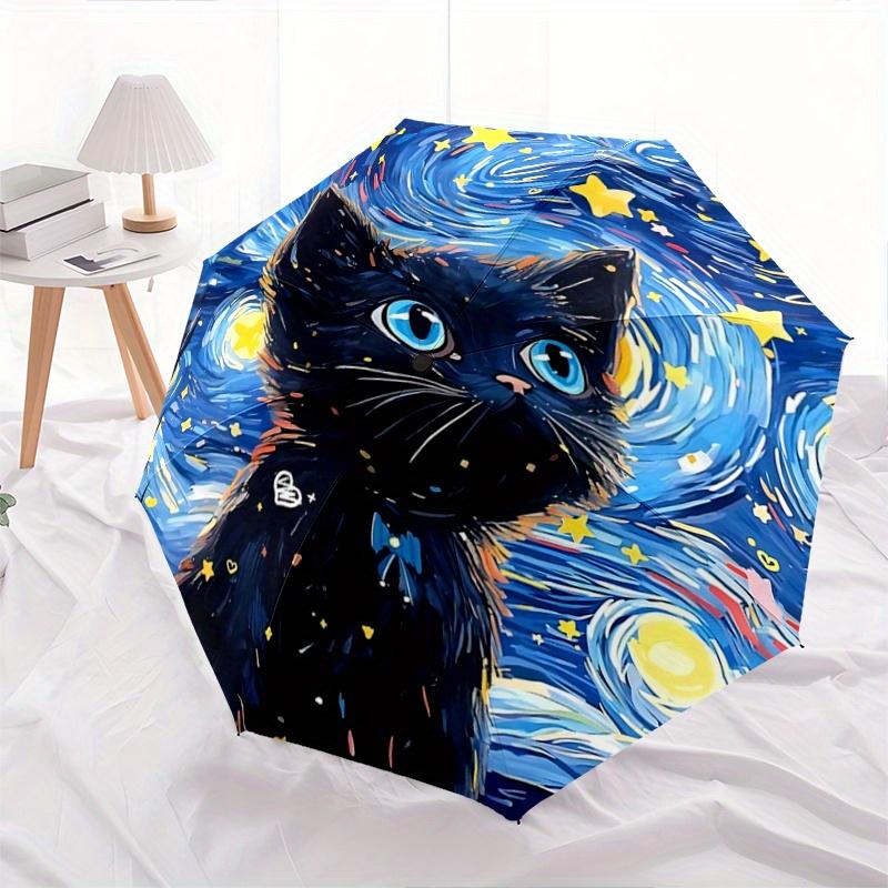 1pc Starry Night Kitten Pattern Automatic 3-Fold Umbrella, 8 Steel Frames, High-Value Folding Umbrella, Suitable for Office, Travel and Outdoor A