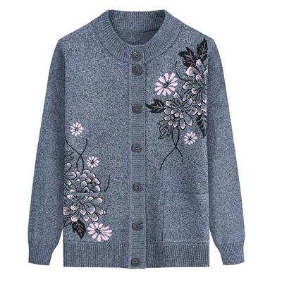 Print Middle-Aged Elderly Mother's Spring Autumn Long-Sleeve Sweater Women Knitted Bottoming Shirt Grandma Cardigan Mujer