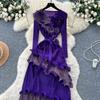 Autumn Winter Women Elegant 3D Flower Ruffles Miyake Fold Christmas Party Oversized Loose Lace-up Dresses