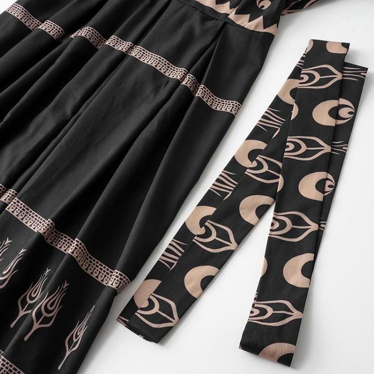 Women Summer High Waist A Line Dress Short Sleeve Ethnic Printed Lace Up