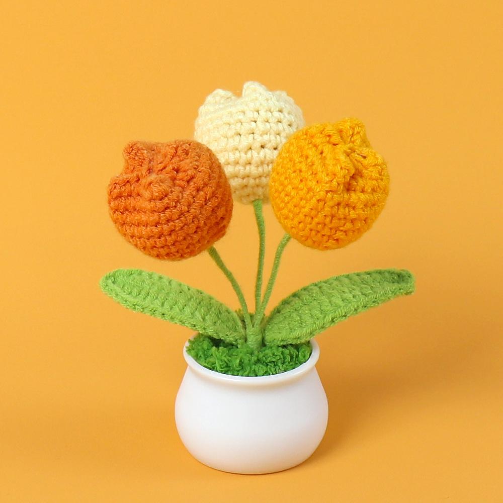 Hand-Knitted Wool Fake Flowers Set: Sunflower, Carnation, Tulip - Desktop Decor, Teacher/Student Gift, Everlasting Bouquet