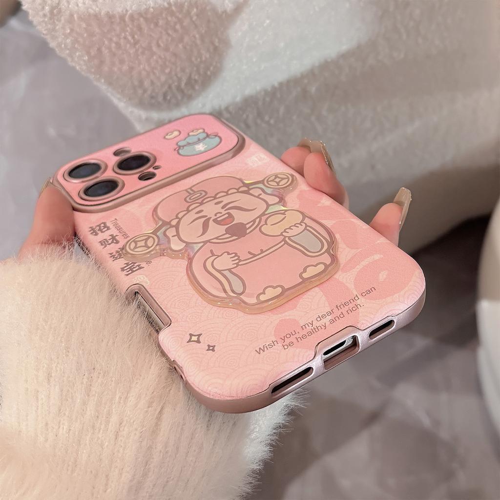PiPink God of Wealth Free Treasure Suitable for Iphone16 Apple Mobile Phone Case 14promax Leather 15 Three-dimensional High Quality