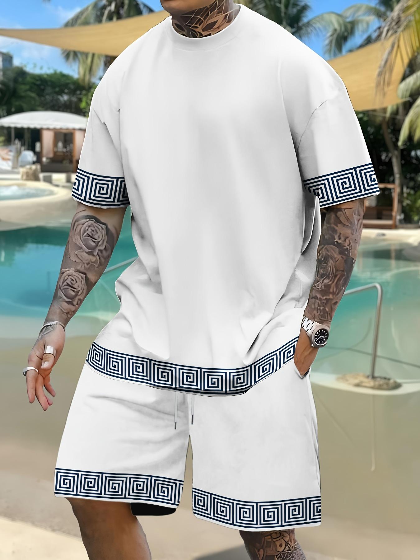 Men s 2pcs Short Sleeve and Shorts Set, Summer Trendy Fashion Short Sleeve Outfit with Crew Neck,Quick-Dry Fabric, Digital Print Geometric Pattern S