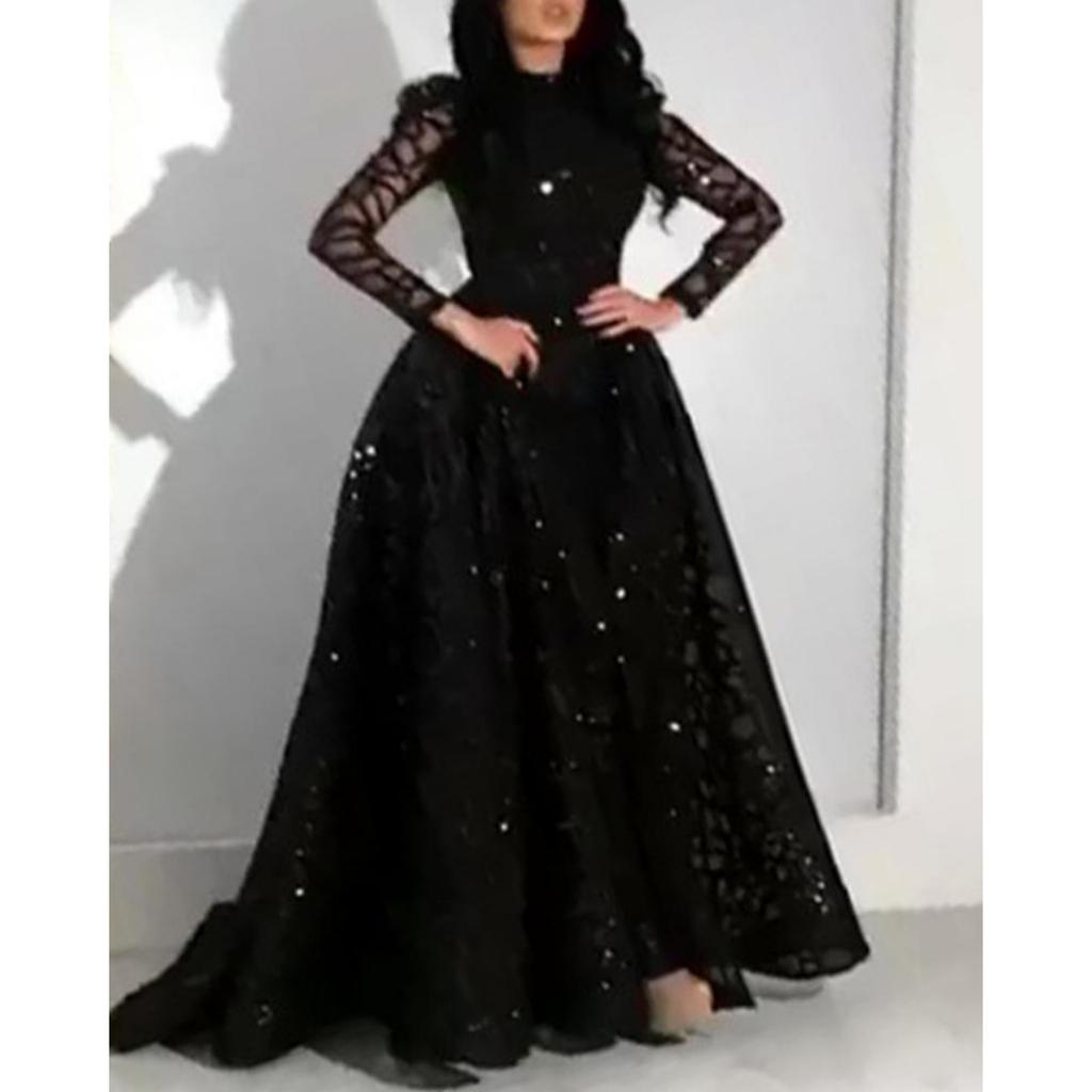 Spring Summer New European American Style Women's Long Sleeve Sequined Big Hem Evening Gown Formal Dress