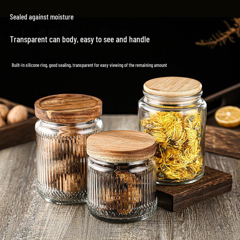 Large Glass Storage Jar with Striped Wooden Lid, Airtight & Food-Grade, Round Transparent Chinese Kitchen Collectible