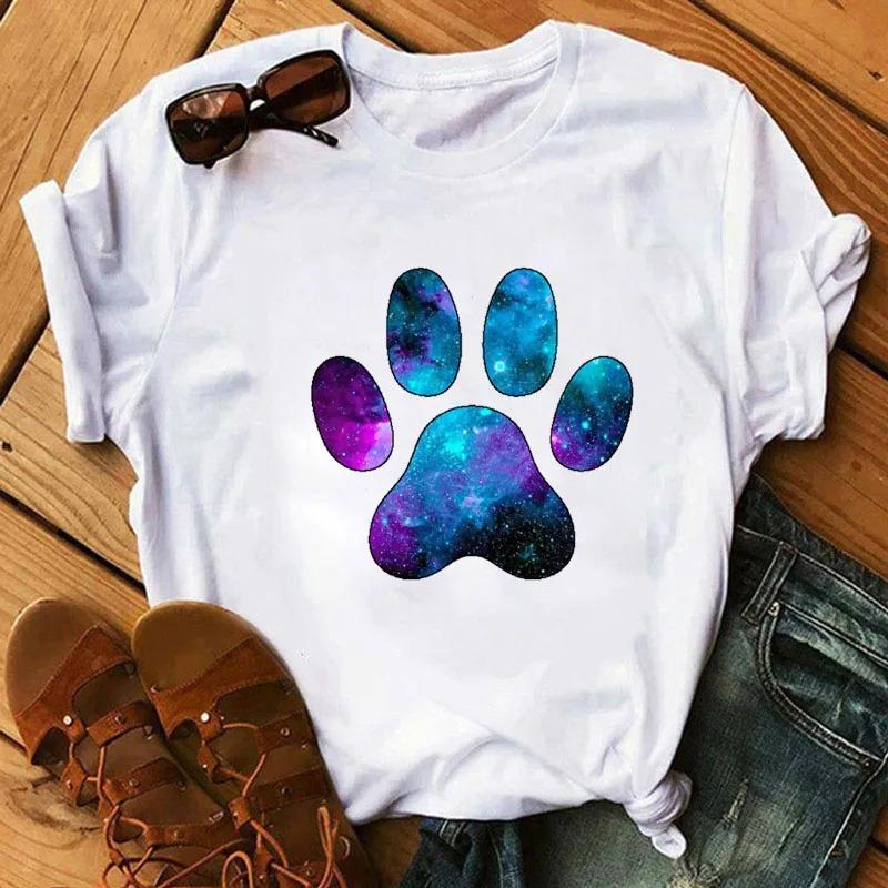 Womens CartoonTshirt Colorful Heart AndDog Paw Print Tshirt Womens Summer Tshirt 90s Girl ShortSleeve Tshirt Black Tshirt
