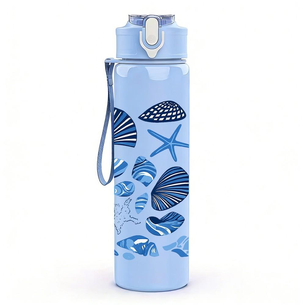 1PC Blue Seashell Starfish Pattern 750ml Color Plastic Sports Water Bottle Leakproof Flip Straw Lid Suitable for Sports Office Home Use